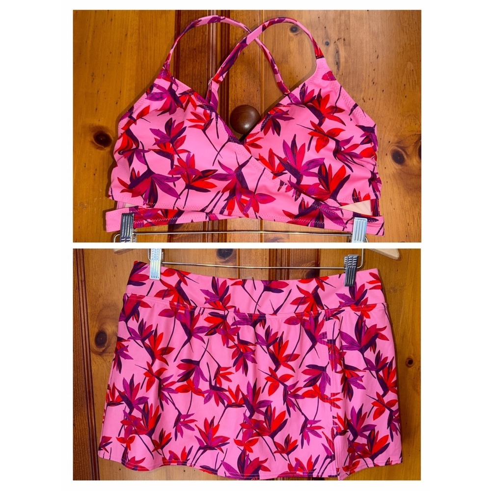 Garnet Hill Bikini Set 12 Floral Pink Skirt Top & Bottoms Swimsuit Racerback